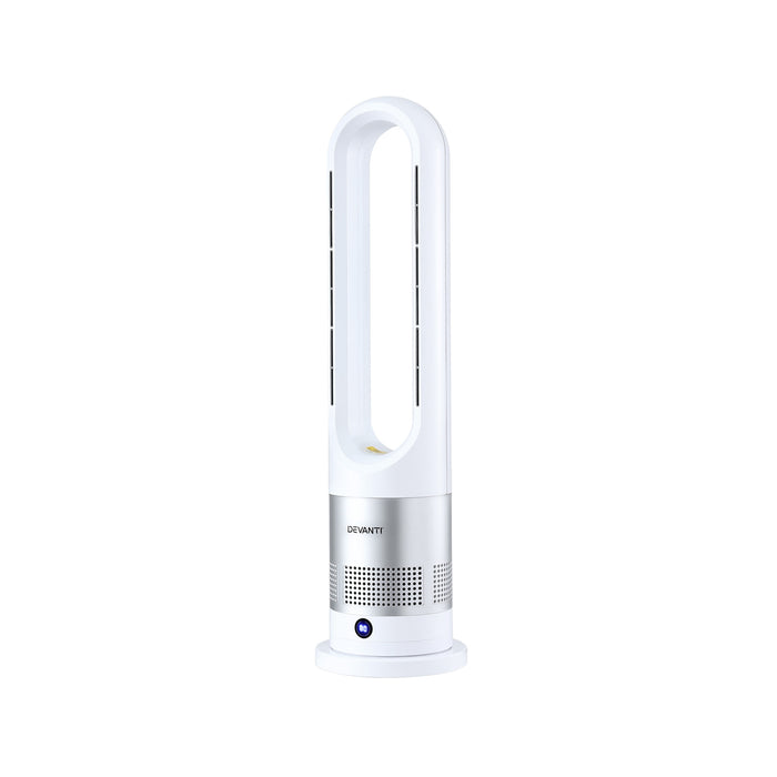 Devanti Bladeless Tower Fan Heater and Cooler 2in1 Portable Oscillation Fan for Bedroom Room Office Use White