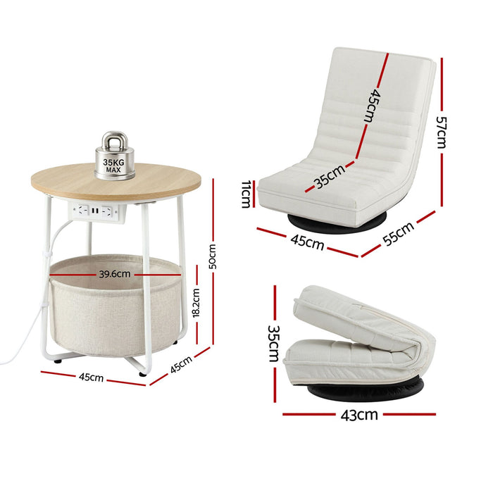 Artiss Floor Lounge & Round Coffee Table Side End Table with Charging Station Set