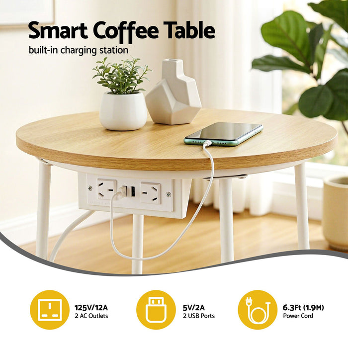 Artiss Floor Lounge & Round Coffee Table Side End Table with Charging Station Set