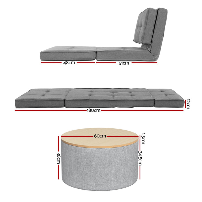 Artiss Recliner Adjustable Floor Chaise Lounge & Ottoman Foot Rest Grey Set