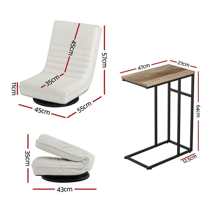 Artiss Floor Lounge & Coffee Table Set, Swviel Foldable Linen Sofa Chair White, C-Shaped Side Table Walnut
