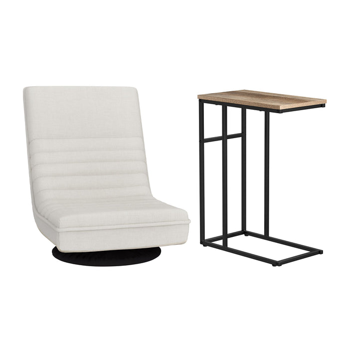 Artiss Floor Lounge & Coffee Table Set, Swviel Foldable Linen Sofa Chair White, C-Shaped Side Table Walnut