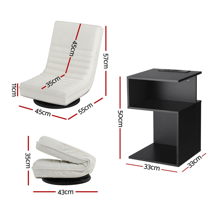 Artiss Swivel Floor Chair and Bedside Table with Charging Station Set