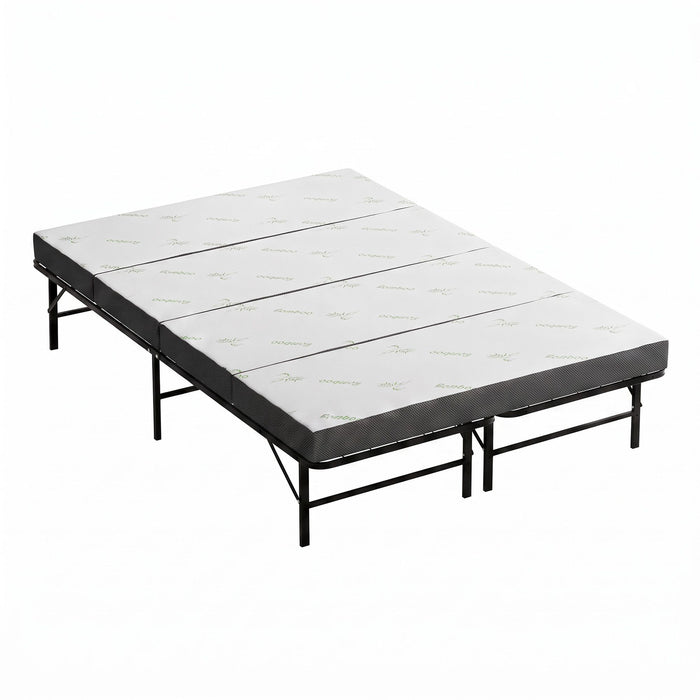Giselle Double Folding Bed with Mattress 4 Fold Metal Frame Guest Bed Bamboo Cover
