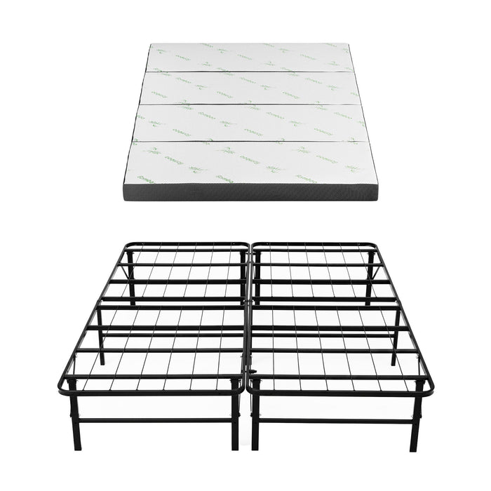 Giselle Double Folding Bed with Mattress 4 Fold Metal Frame Guest Bed Bamboo Cover