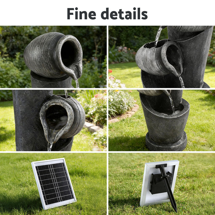Gardeon Solar Fountain Water Feature Cascading Fountain 3-Tier Pot LED Lights 80CM Grey