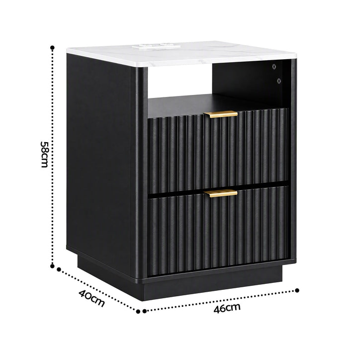 Artiss Bedside Table with Charging Station and 2 Drawers Black