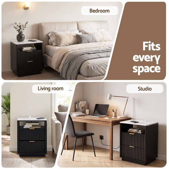 Artiss Bedside Table with Charging Station and 2 Drawers Black