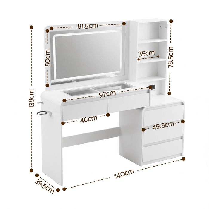 Artiss Dressing Table Makeup Vanity Desk LED Mirror Drawers Charging Station Curved Edge White