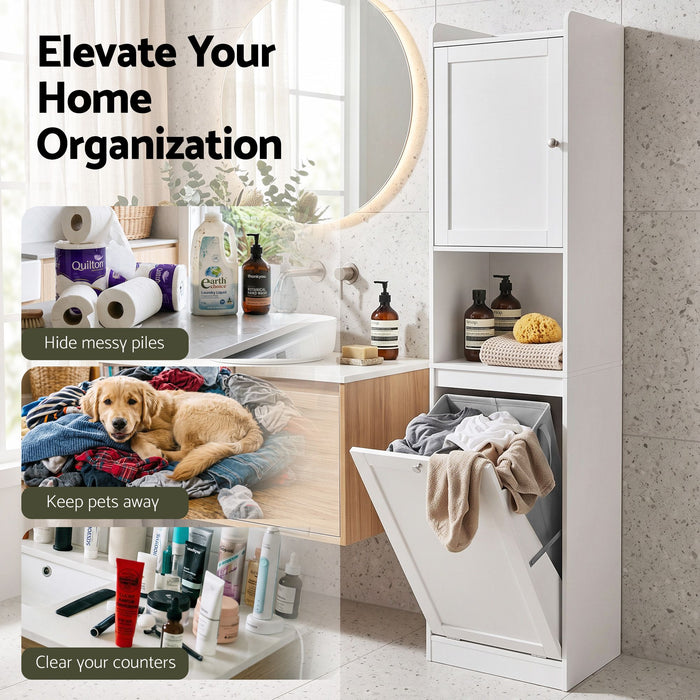 Artiss Tall Bathroom Storage Cabinet with Tilt Out Laundry Hamper White 170cm
