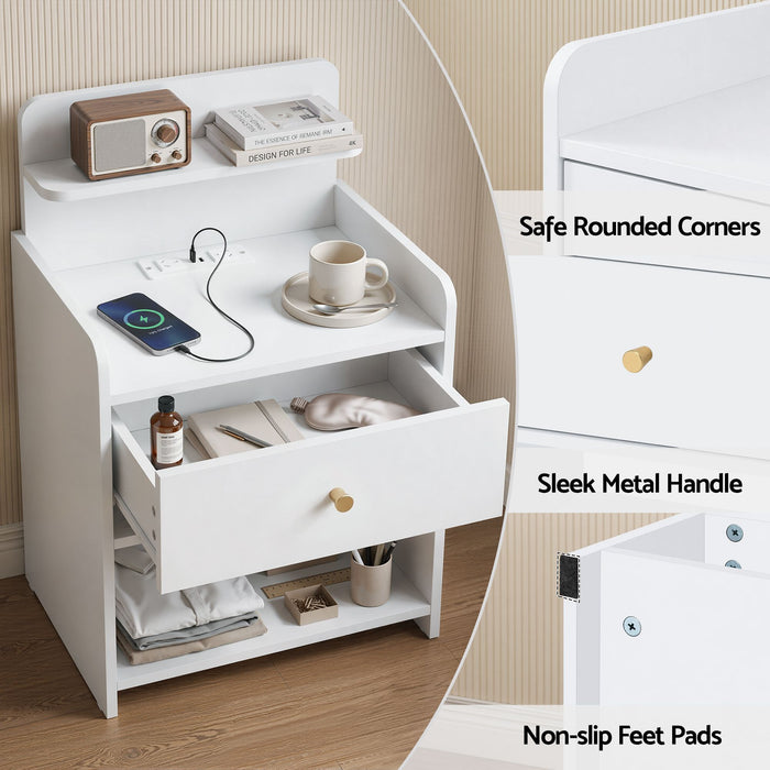 Artiss Bedside Table Drawer Charging Station White
