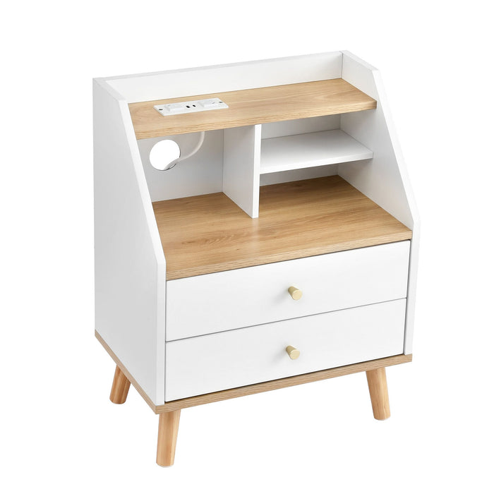 Artiss Bedside Table 2 Drawers Charging Station White and Pine