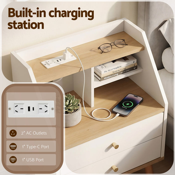 Artiss Bedside Table 2 Drawers Charging Station White and Pine