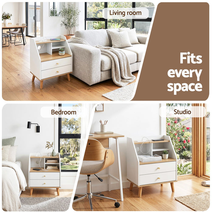Artiss Bedside Table 2 Drawers Charging Station White and Pine