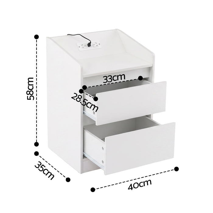 Artiss Bedside Table Nightstand with Charging Station 2 Drawers LED White
