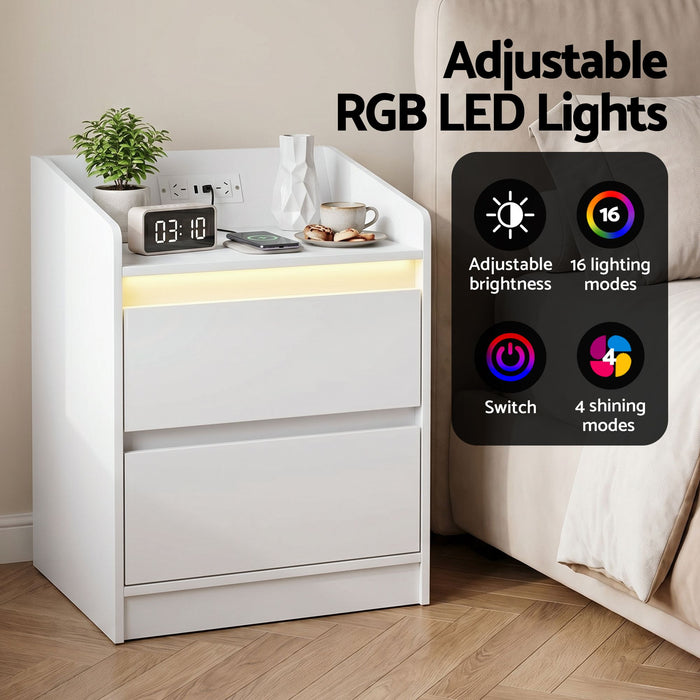 Artiss Bedside Table Nightstand with Charging Station 2 Drawers LED White