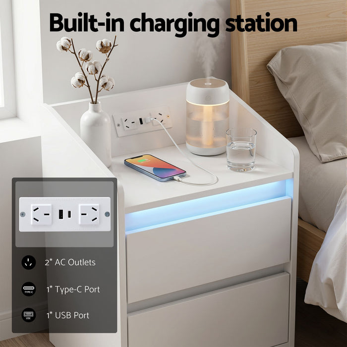 Artiss Bedside Table Nightstand with Charging Station 2 Drawers LED White