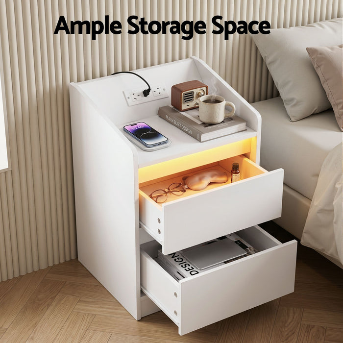 Artiss Bedside Table Nightstand with Charging Station 2 Drawers LED White