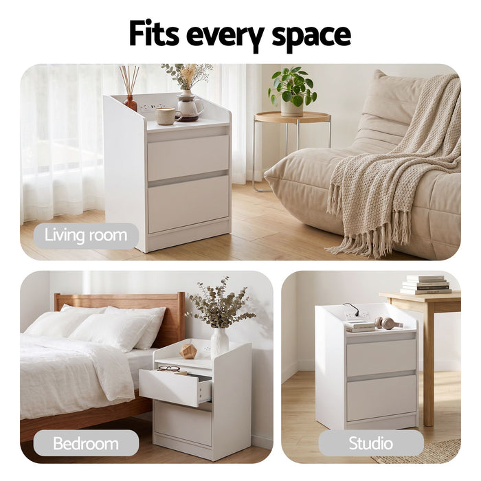 Artiss Bedside Table Nightstand with Charging Station 2 Drawers LED White