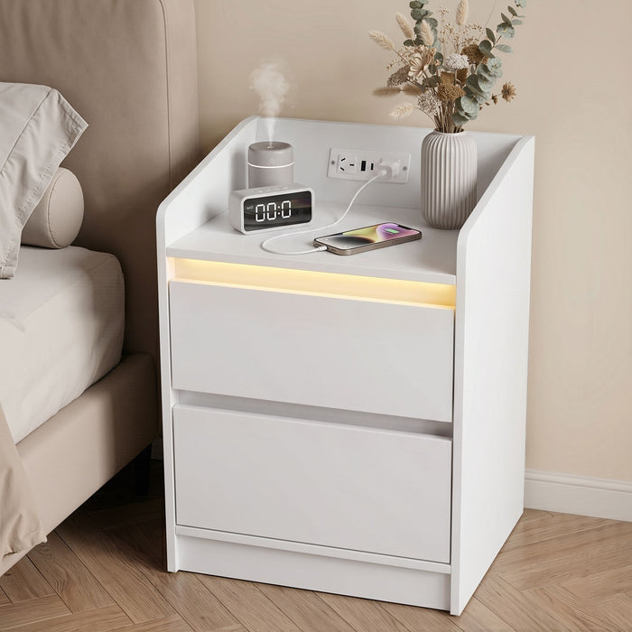 Artiss Bedside Table Nightstand with Charging Station 2 Drawers LED White