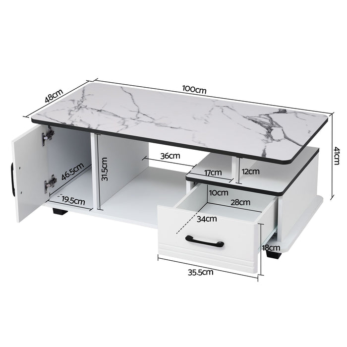 Artiss Coffee Table Marble Finish Center Table with Storage Drawer Cabinet Wood White