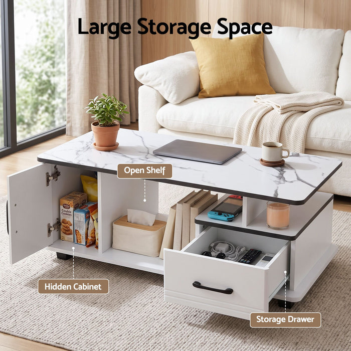 Artiss Coffee Table Marble Finish Center Table with Storage Drawer Cabinet Wood White