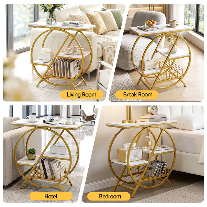 Artiss Side Table Marble Finish Coffee Table Nightstand Storage Shelf White&Gold
