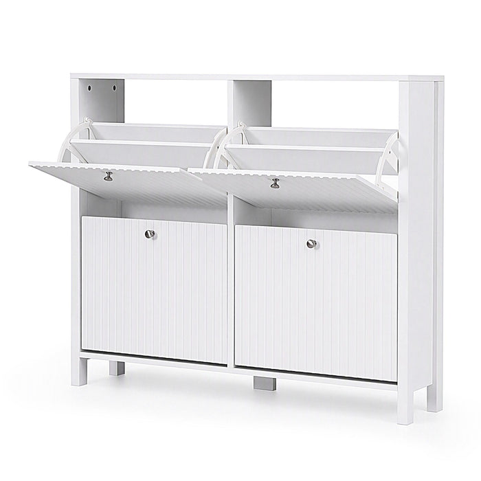 Artiss Shoe Cabinet 4 Flip Drawers Fluted Style Adjustable Shelves White
