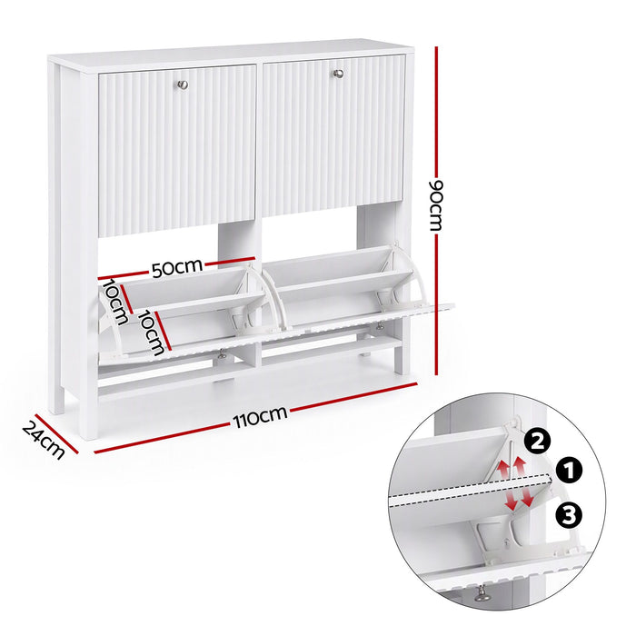 Artiss Shoe Cabinet 4 Flip Drawers Fluted Style Adjustable Shelves White