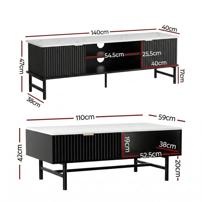 Artiss TV Unit & Coffee Table Set Storage Shelf Black