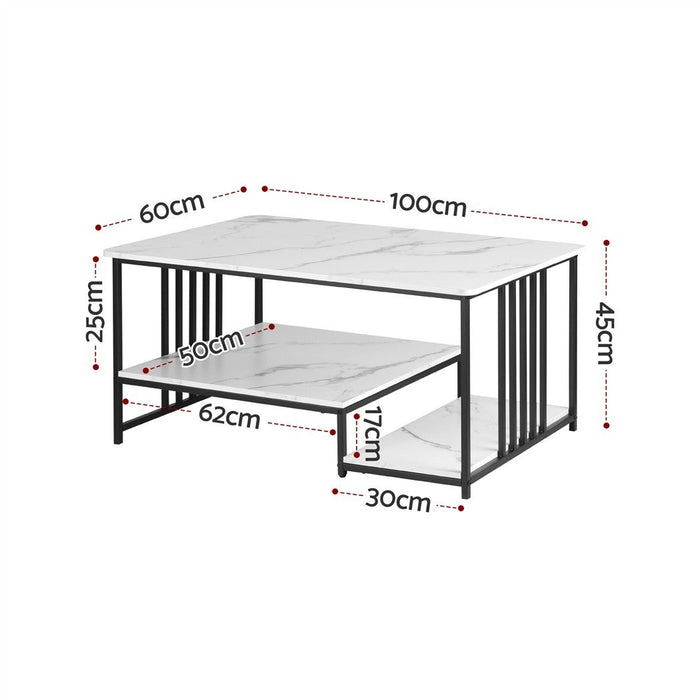 Artiss Coffee Table 100cm Faux Marble Finish Center Table 2-Tier Storage White&Black