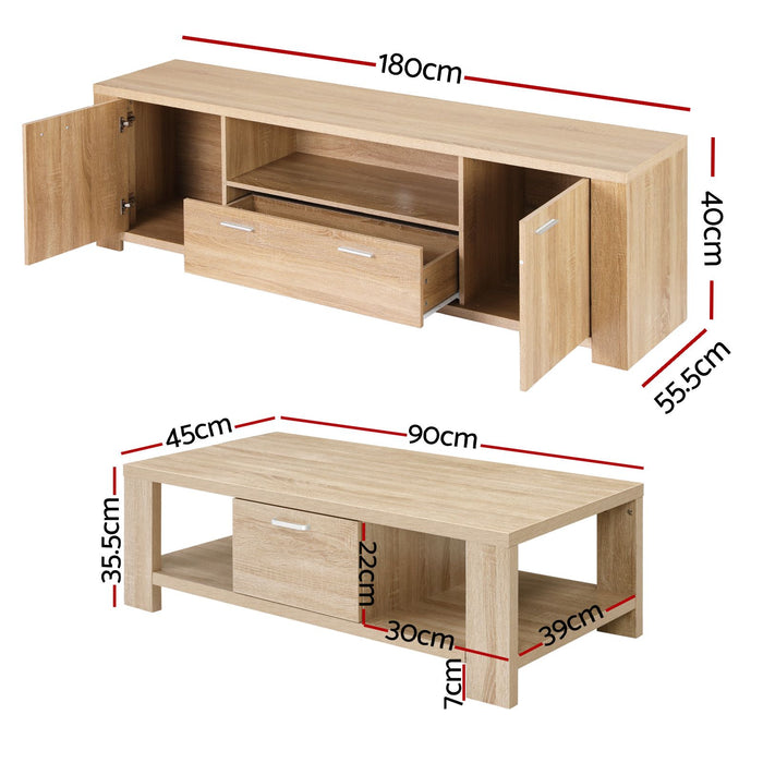 Artiss TV Unit & Coffee Table Set Storage Drawer Pine
