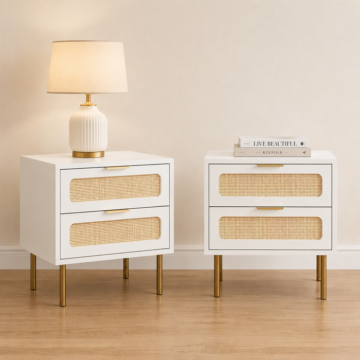 Artiss 2x Rattan Bedside Table 2 Drawers White