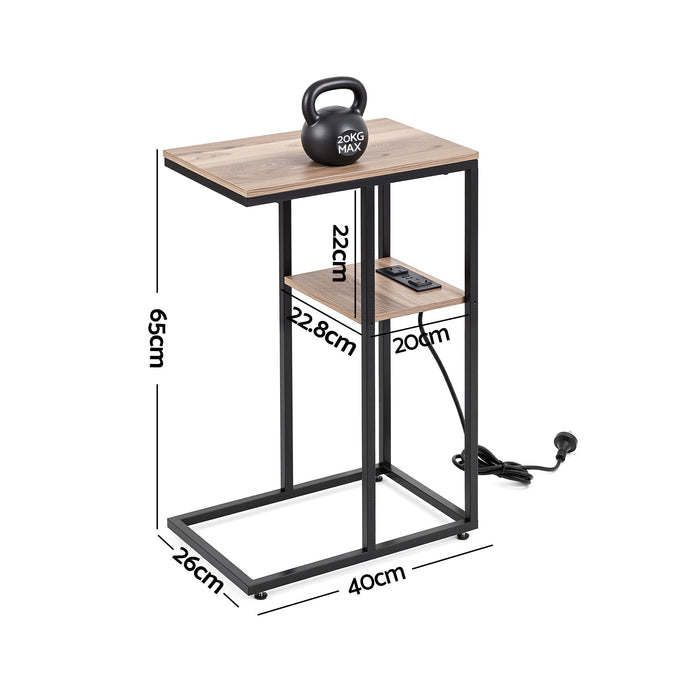 Artiss C-Shaped End Table Charging Station 2-Tier Side Coffee Table Bedside Wood