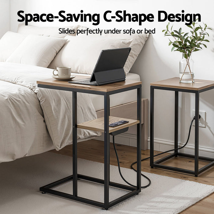 Artiss C-Shaped End Table Charging Station 2-Tier Side Coffee Table Bedside Wood