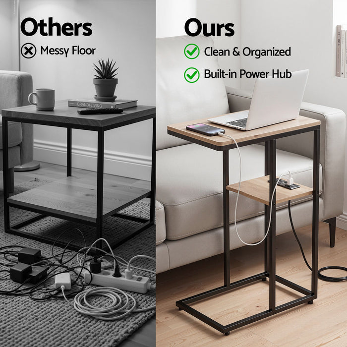 Artiss C-Shaped End Table Charging Station 2-Tier Side Coffee Table Bedside Wood