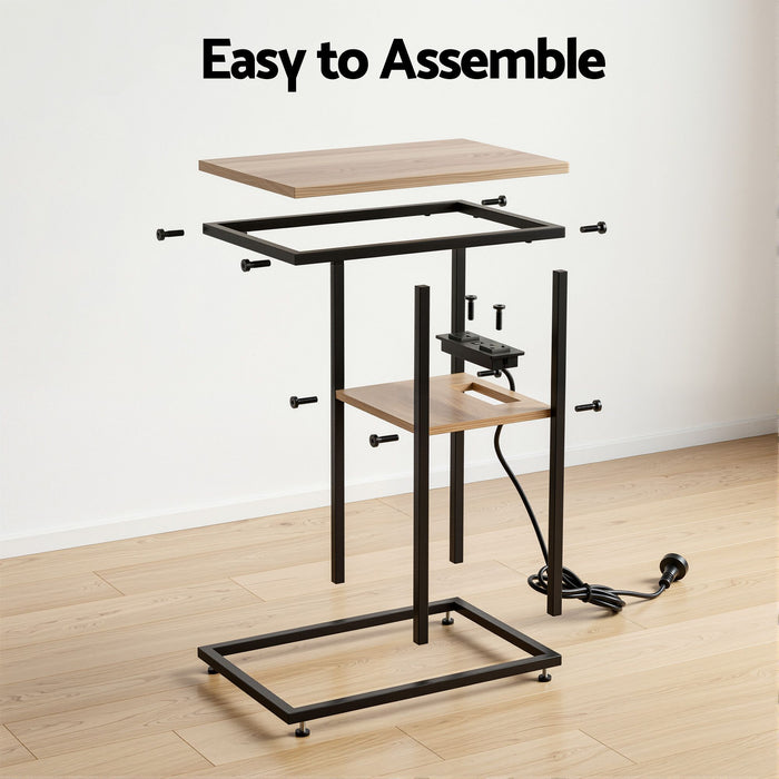 Artiss C-Shaped End Table Charging Station 2-Tier Side Coffee Table Bedside Wood