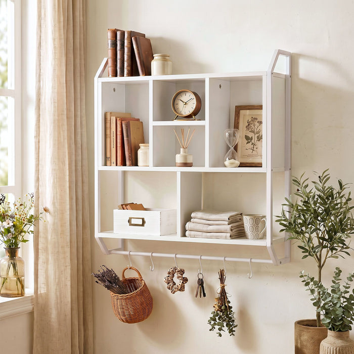 Artiss Floating Wall Shelf 6 Hooks Wall Mounted Storage Cubby Rack 73.5x74CM White