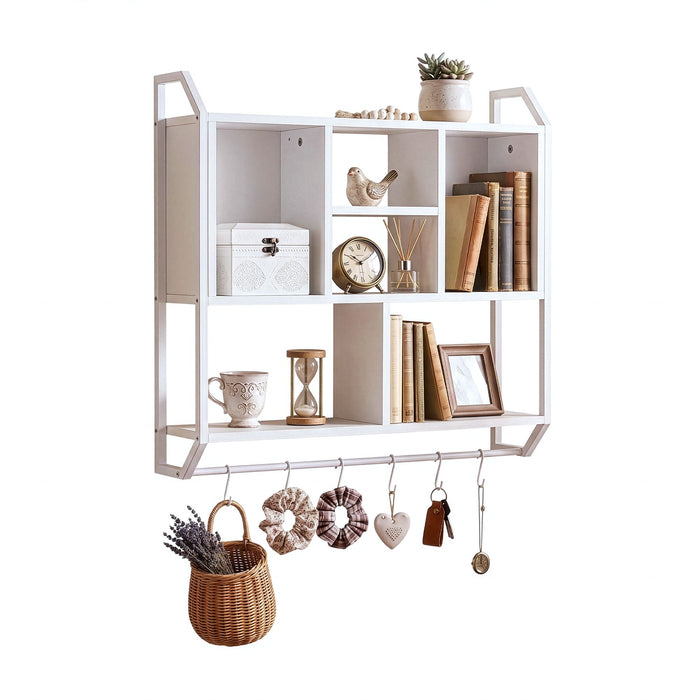 Artiss Floating Wall Shelf 6 Hooks Wall Mounted Storage Cubby Rack 73.5x74CM White