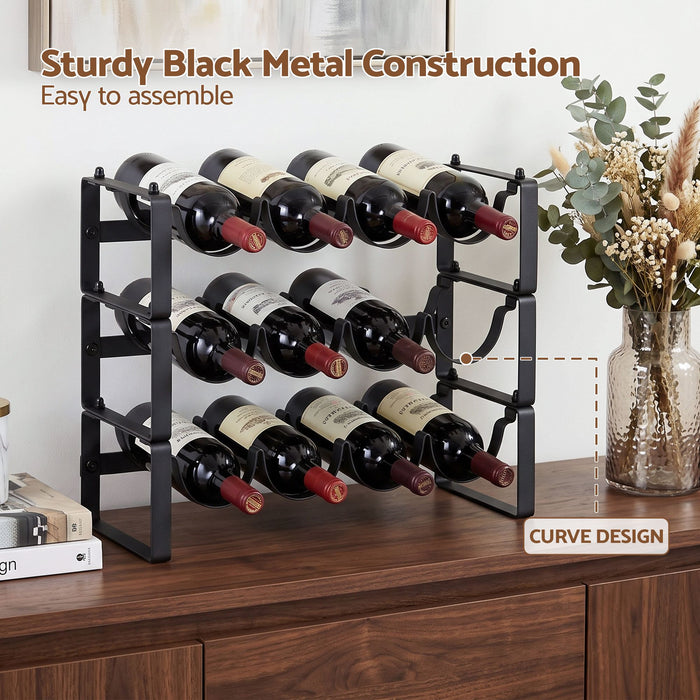 Artiss 3-Tier Wine Rack Metal Freestanding 12 Bottles Modular Countertop Wine Display Shelf Black