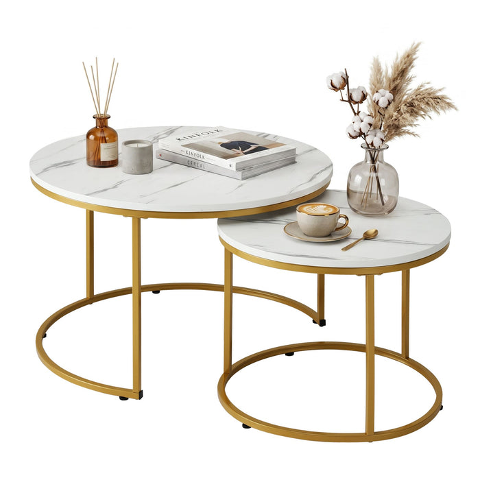 Artiss Nesting Coffee Table Set of 2 Round Marble Effect 70/50cm White & Gold
