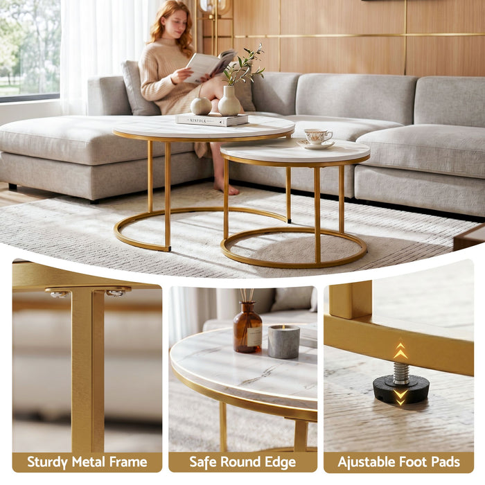 Artiss Nesting Coffee Table Set of 2 Round Marble Effect 70/50cm White & Gold