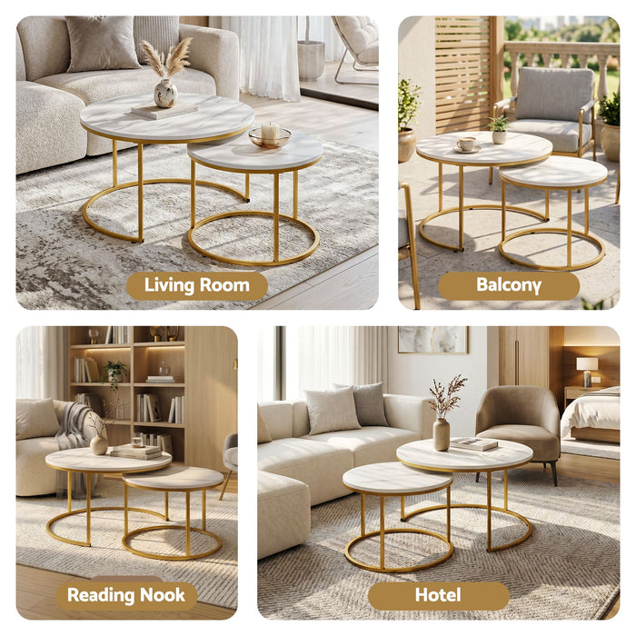 Artiss Nesting Coffee Table Set of 2 Round Marble Effect 70/50cm White & Gold