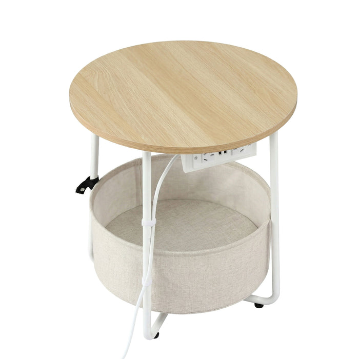 Artiss Round Coffee Table Side End Table Charging Station Storage Basket