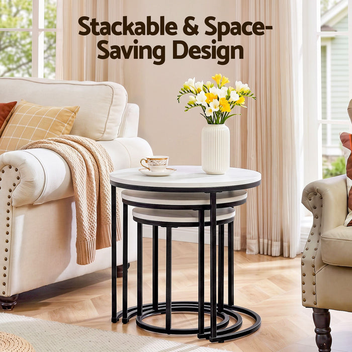 Artiss Nesting Coffee Table Set of 3 Round Stackable Side End Tables Marble Finish White