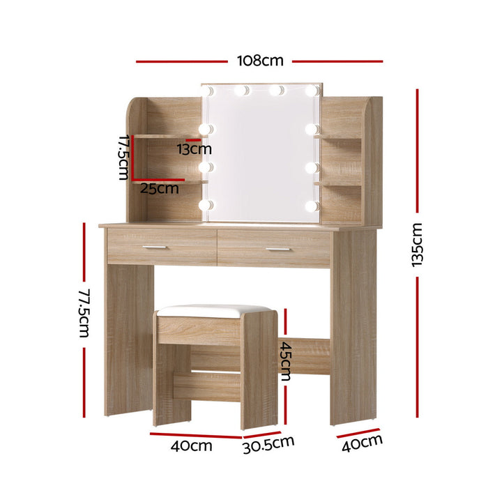 Artiss Dressing Table Set Stool 10 Led Bulbs Wood