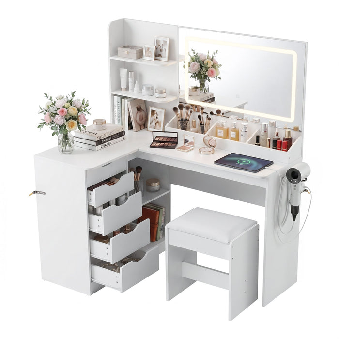 Artiss Dressing Table Corner Vanity Desk Set Stool LED Charging Station White