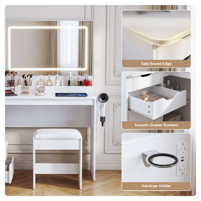 Artiss Dressing Table Corner Vanity Desk Set Stool LED Charging Station White
