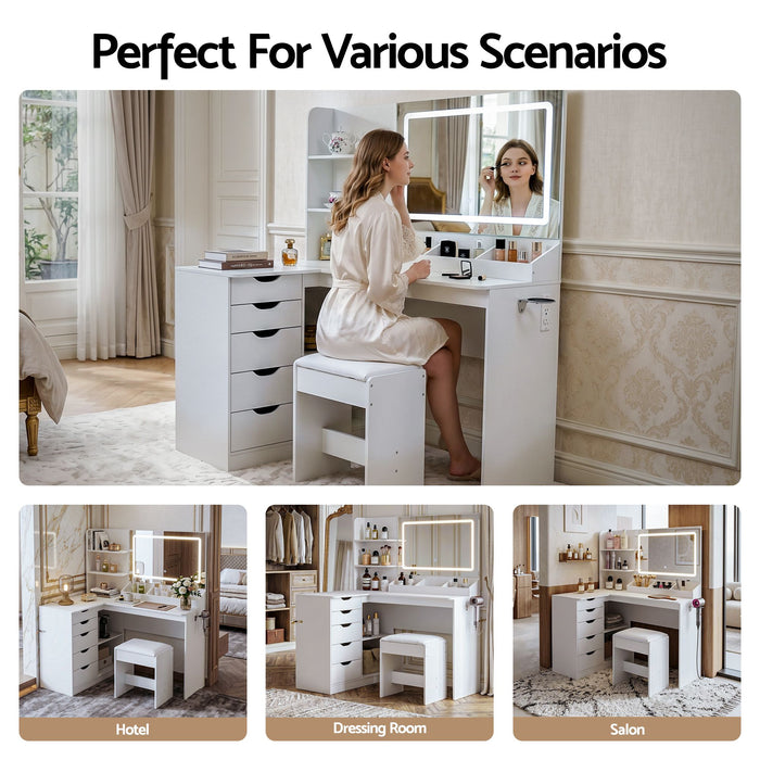 Artiss Dressing Table Corner Vanity Desk Set Stool LED Charging Station White