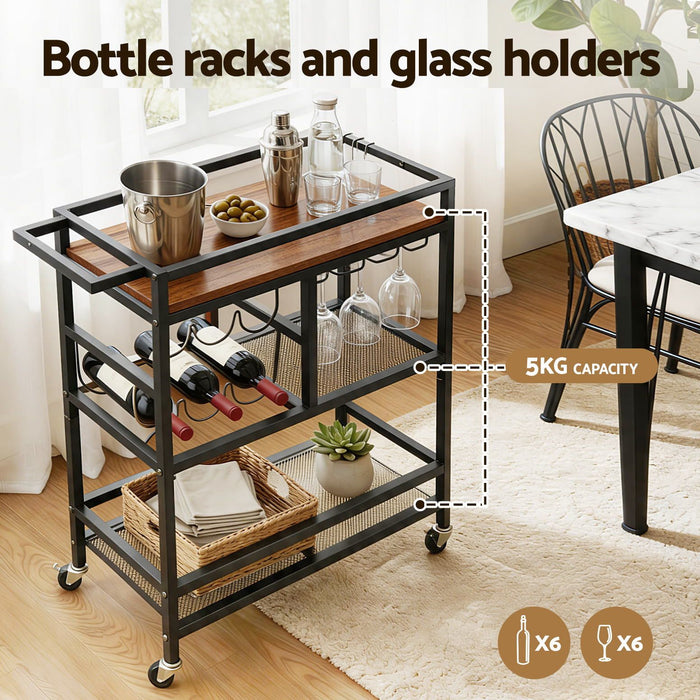 Artiss Bar Cart Drinks Trolley Serving Wine Rack Glass Holder 3 Hooks 72cm Black